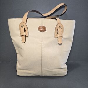Vintage Cristian Made In Italy Canvas Handbag Tan Leather Handle  11" X 11" ,